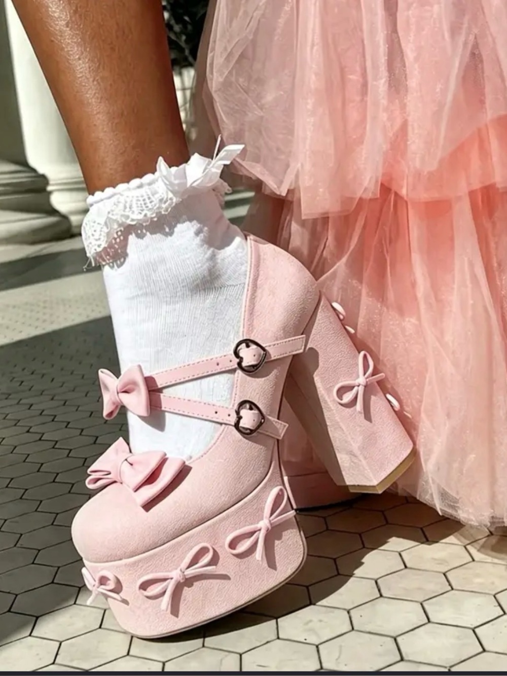 Pink Bow Platform Mary Jane Chunky Heels